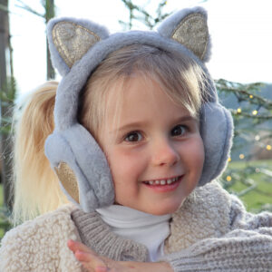 Kuschelig warme Ohrenschützer grau mit Katzenohren & Glitzerherz one size – größenverstellbar (Kopie)